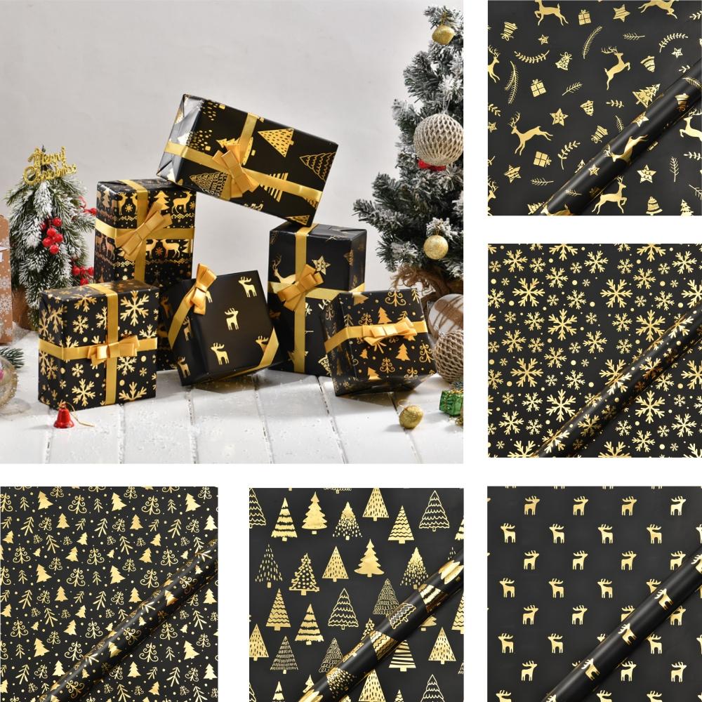 Rentierbedrucktes Geschenkpapier Heißfolien-Geschenkpapier Schwarz-Gold-Geschenkpapier Klassischer Glamour für Weihnachten