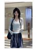 Korean Style Women's White V-Neck Long-Sleeve Slim Fit Cropped Top - Autumn Waist-Cinched Hot Girl Inner Layer Tee