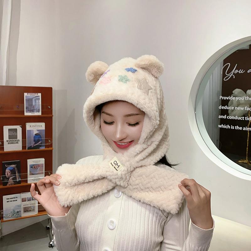 Cute bear star child scarf integrated autumn and winter warm and cold cycling plush hat woman