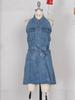 Women's Sleeveless A-Line Denim Dress with Lapel and Waist-Cinched Design