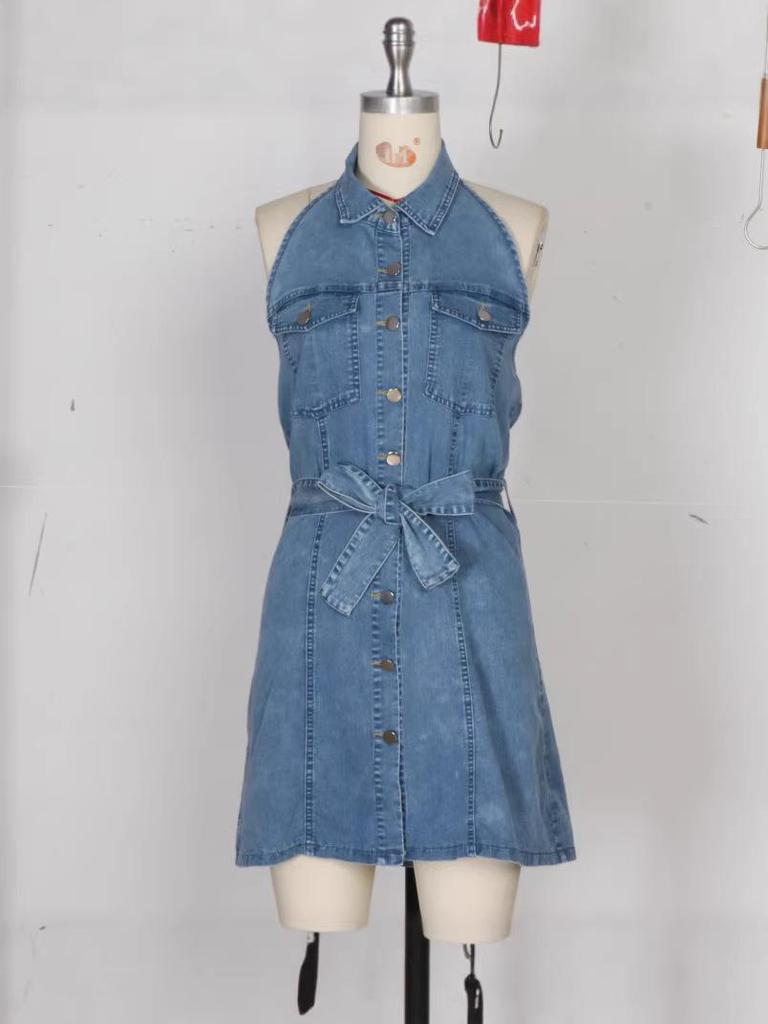 Women's Sleeveless A-Line Denim Dress with Lapel and Waist-Cinched Design