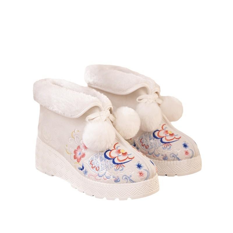 Winter Warm Snow Boots for Women Chunky Platform Non-Slip Faux Fur Lined Embroidered Ankle Booties Shoes Women's Comfortable Fuzzy Walking Short Boots