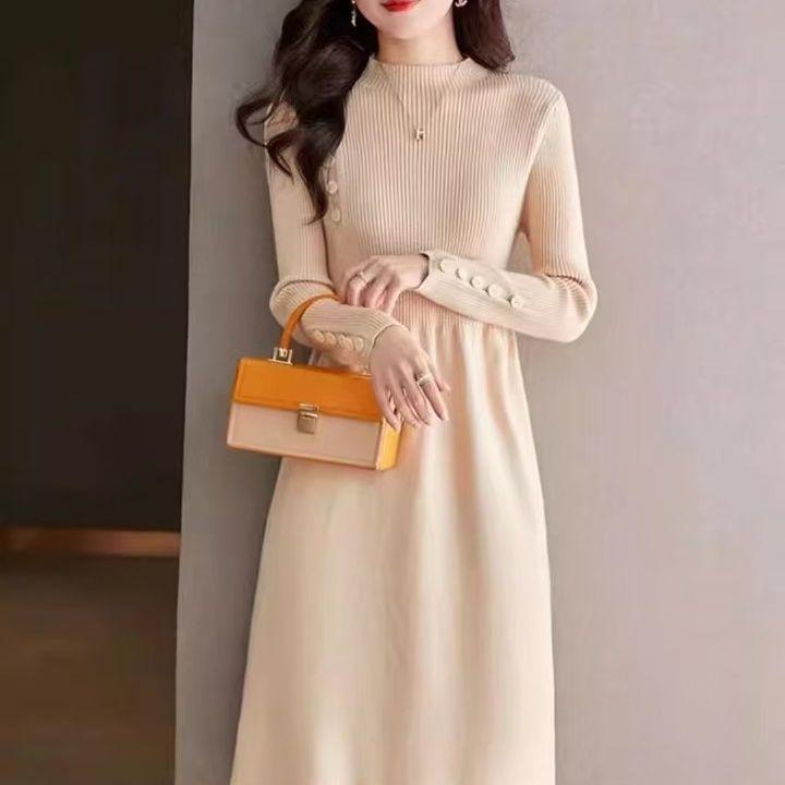 Half Turtleneck Knitted Dress for Women Solid Color Casual Knee-length Sweater Dress Mid-length Knitted Sweater for Autumn and Winter