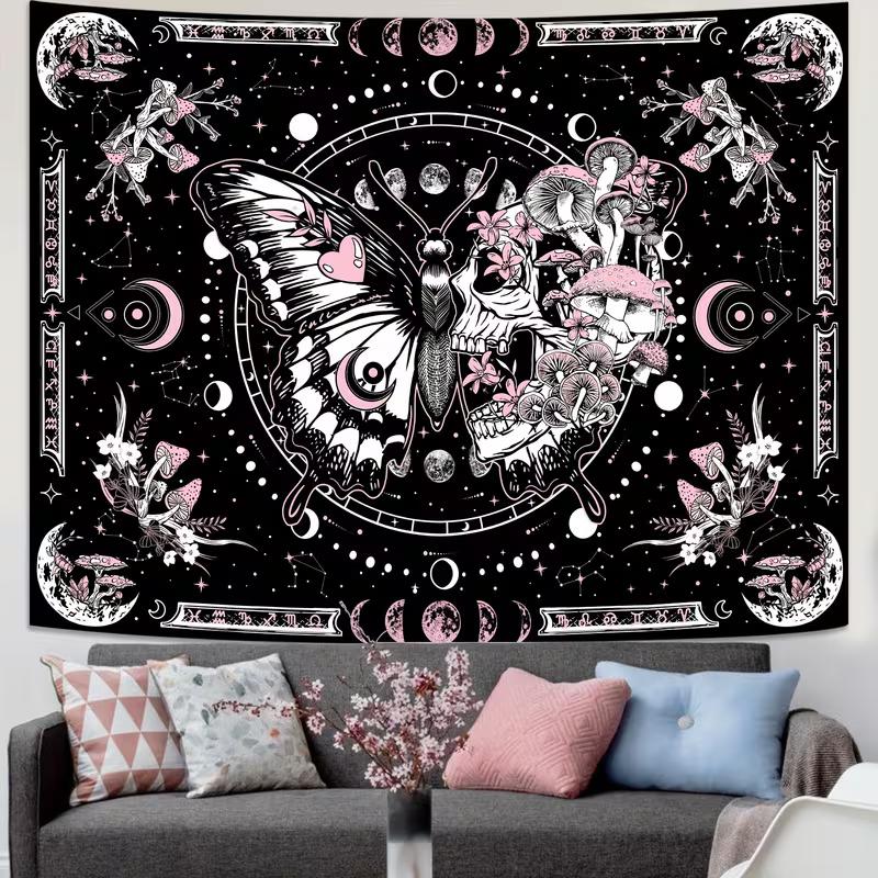 2D Gothic Butterfly Skull Tapestry Backdrop, Pink Moon Phase & Mushroom Wall Hanging 47.2x31.5inch/120*80cm