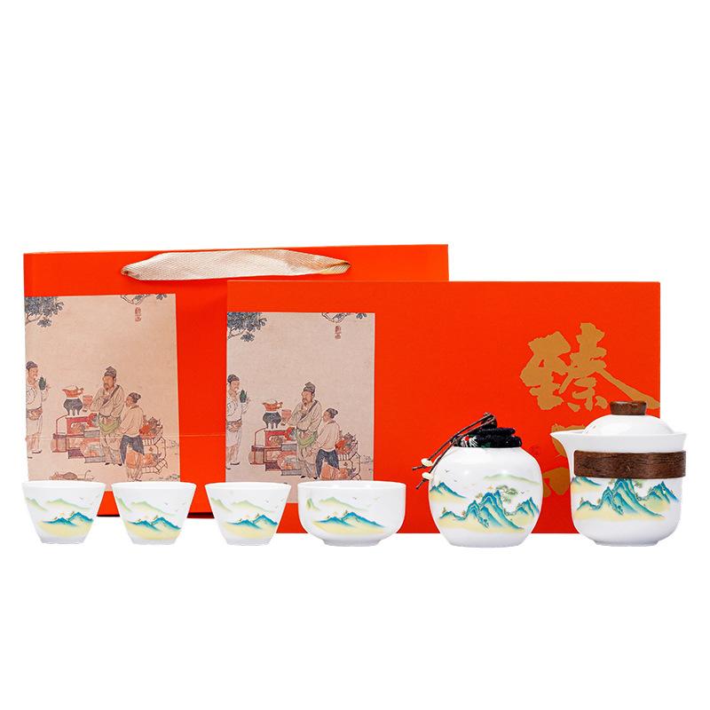 Plain-fired white porcelain Kung Fu tea set, simple whole set, hand-held pot, express guest gift box, teacup gift.