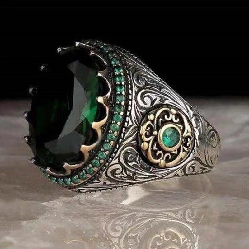 Retro Handmade Turkish Signet Rings for Men Ancient Silver Color Carved Ring Mystic Zircon Inlay New Punk Motor Biker Ring