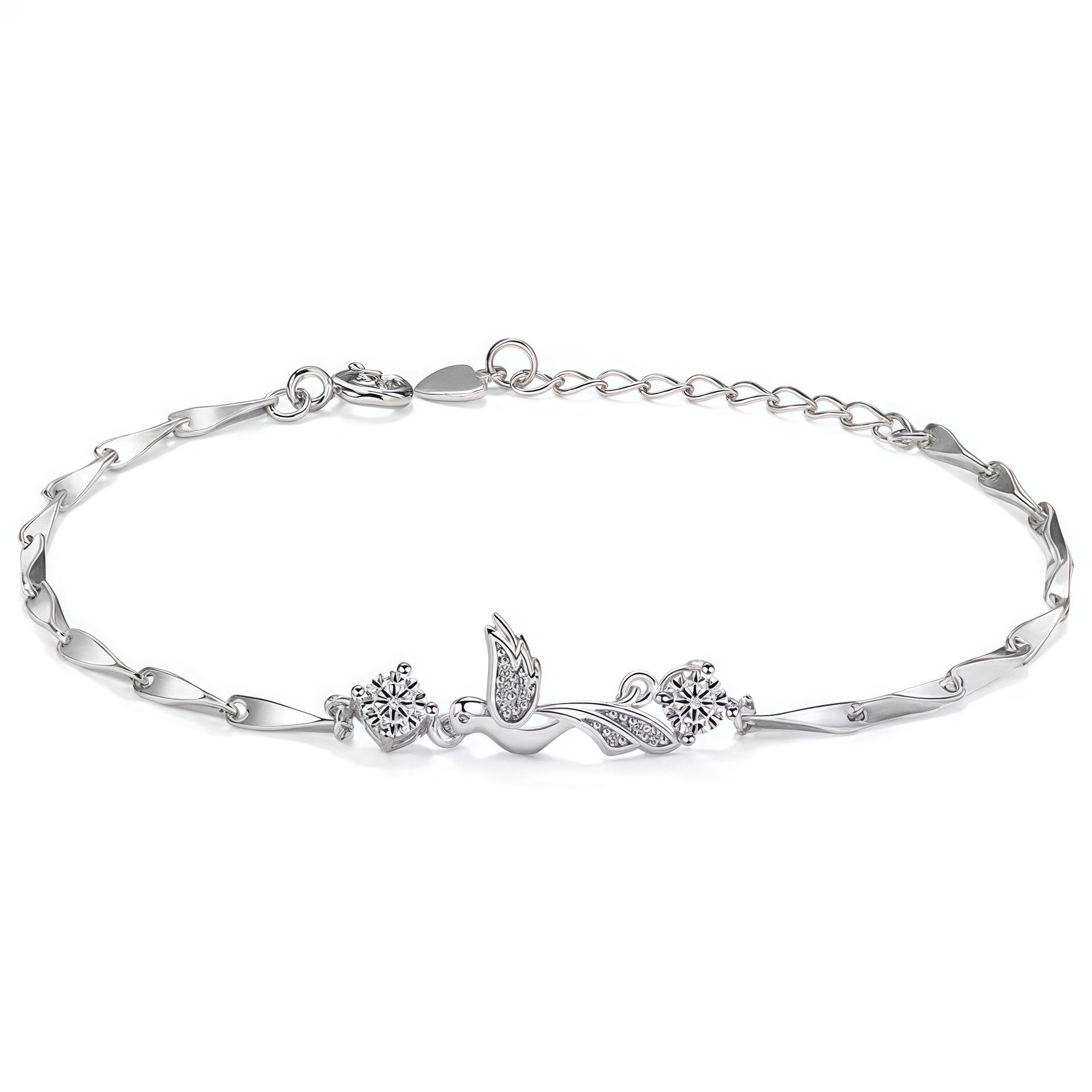 999 Sterling Silver Blue Eucalyptus Bird Bracelet with Diamond Inlay - Exquisite Light Luxury Style 925 Sterling Silver Bracelet - Platinum Color