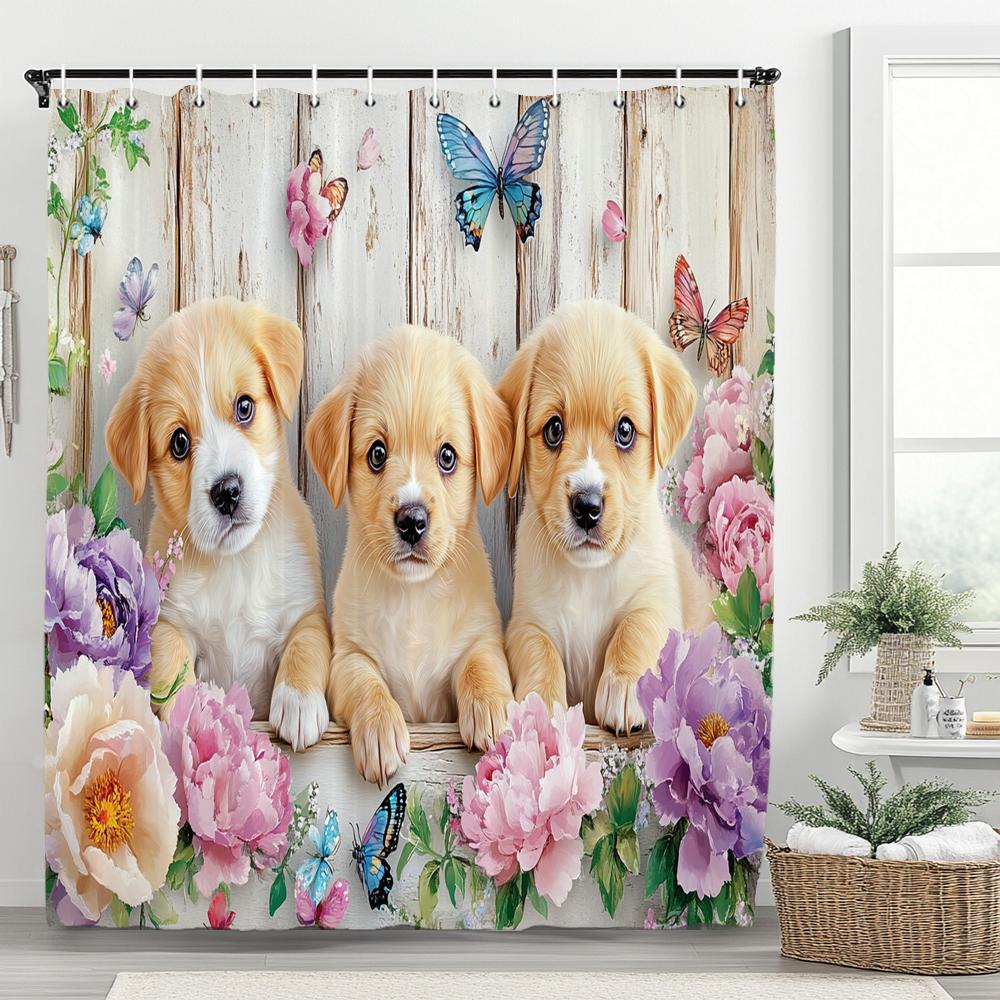 3D Printed Cute Puppies Shower Curtain Lovely Cartoon Animal Bathroom Decorative Curtain, Printed Home Curtain with 12 Hooks