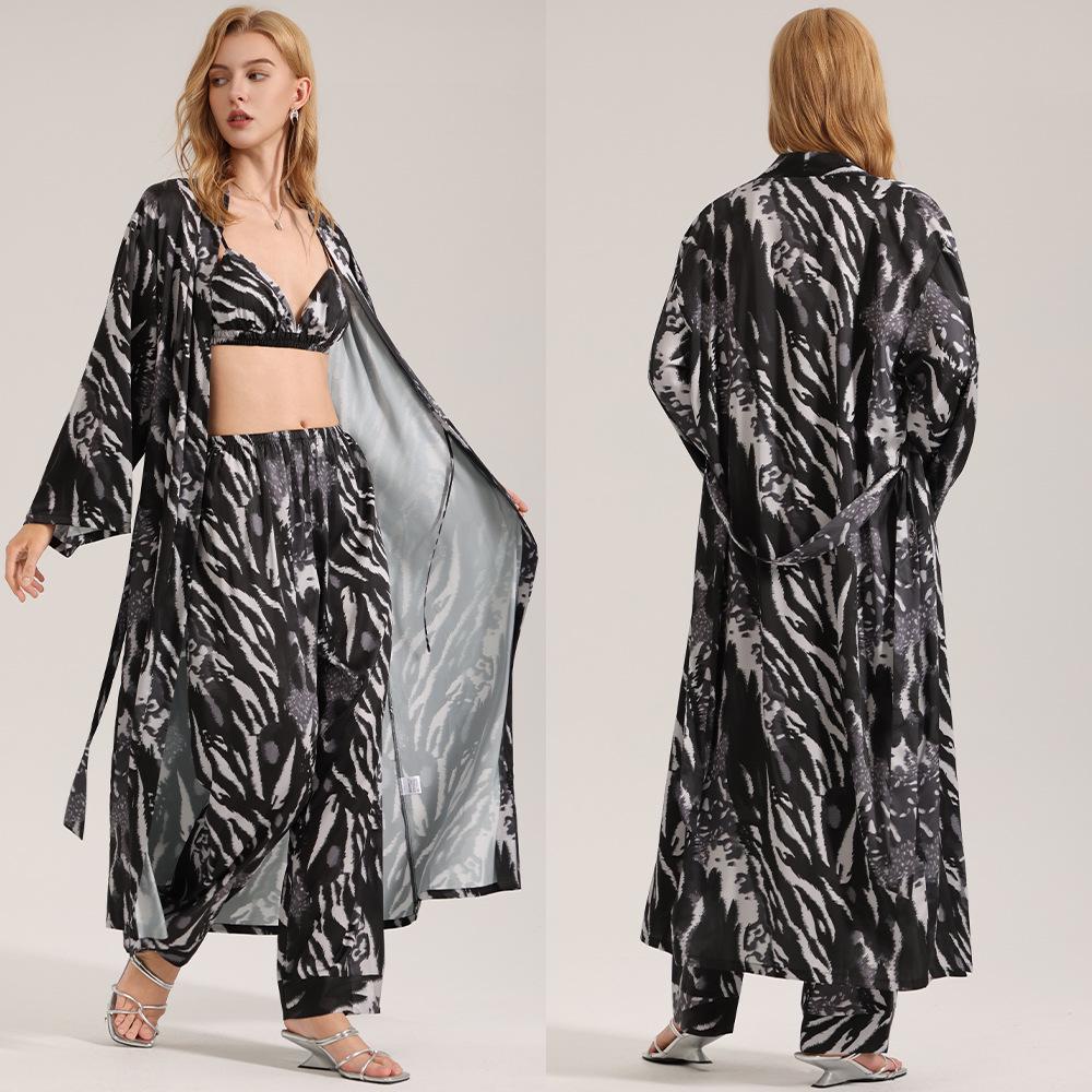 Women's Zebra Print Satin Pajama Set - Summer Robe & Long Pants, 3-Piece