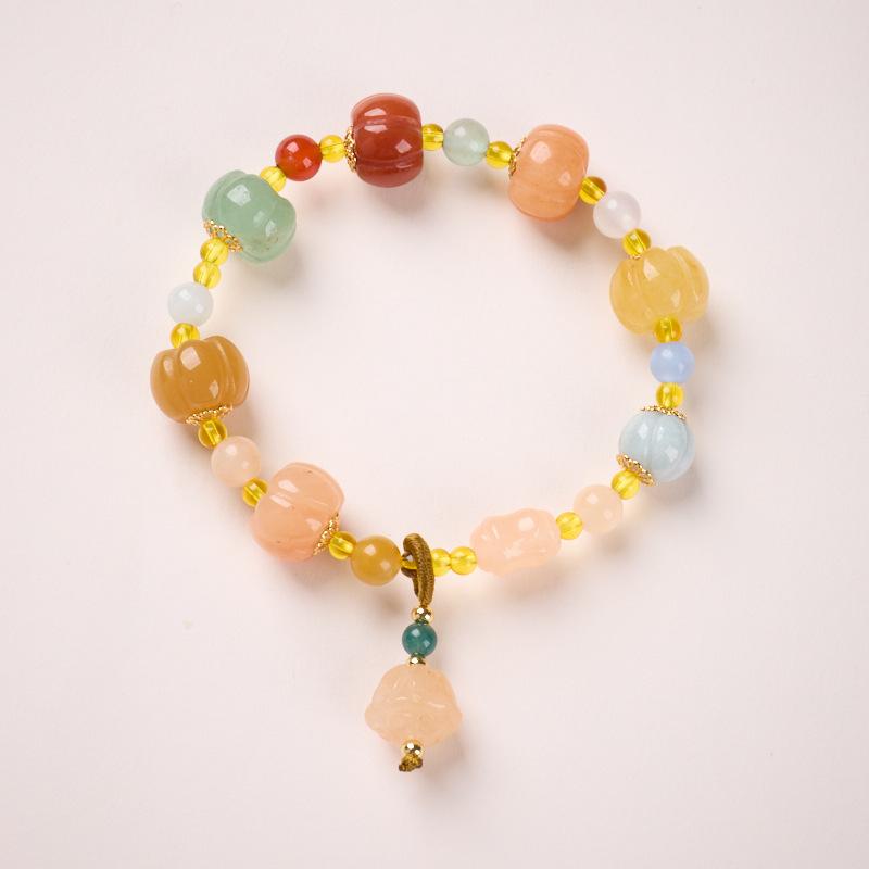 Temple Natural Xinjiang Pumpkin Bead Bracelet for Couples, Vintage Ethnic Style Pixiu Gourd Pumpkin Gold Silk Jade Bracelet