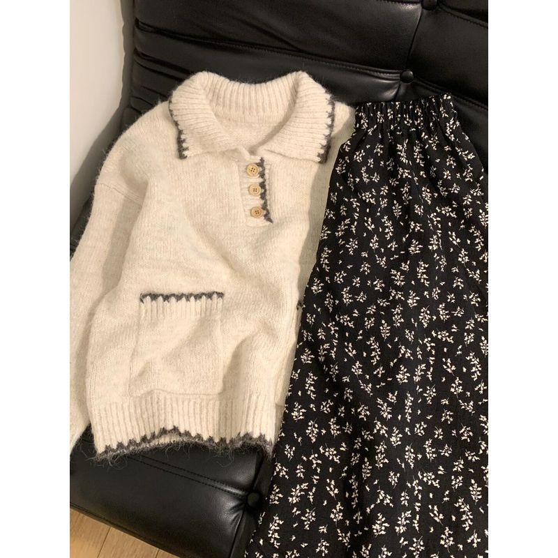 

Вязаный трикотаж в японском стиле, сладкий контрастный цвет, кружевной воротник поло, одежда на осень 2025, новый приход, ленивый кэжуал, легко сочетать, ретро свитер