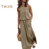 Women Summer Dress Pleated Round Neck Sleeveless Solid Color Loose Slit Hem Maxi Dress Daily Date Party Wear Long Dress