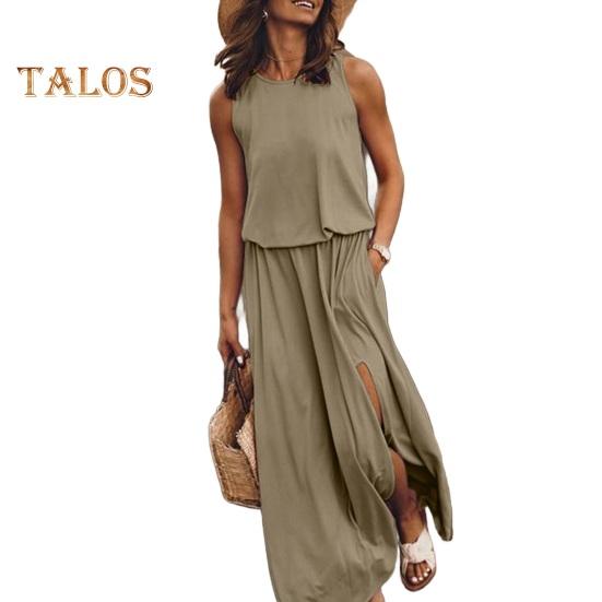 

Женское летнее платье с плиссировкой, круглым вырезом, без рукавов, однотонное, свободное, с разрезом, макси-платье, повседневная одежда для свиданий, вечеринок, длинное платье L