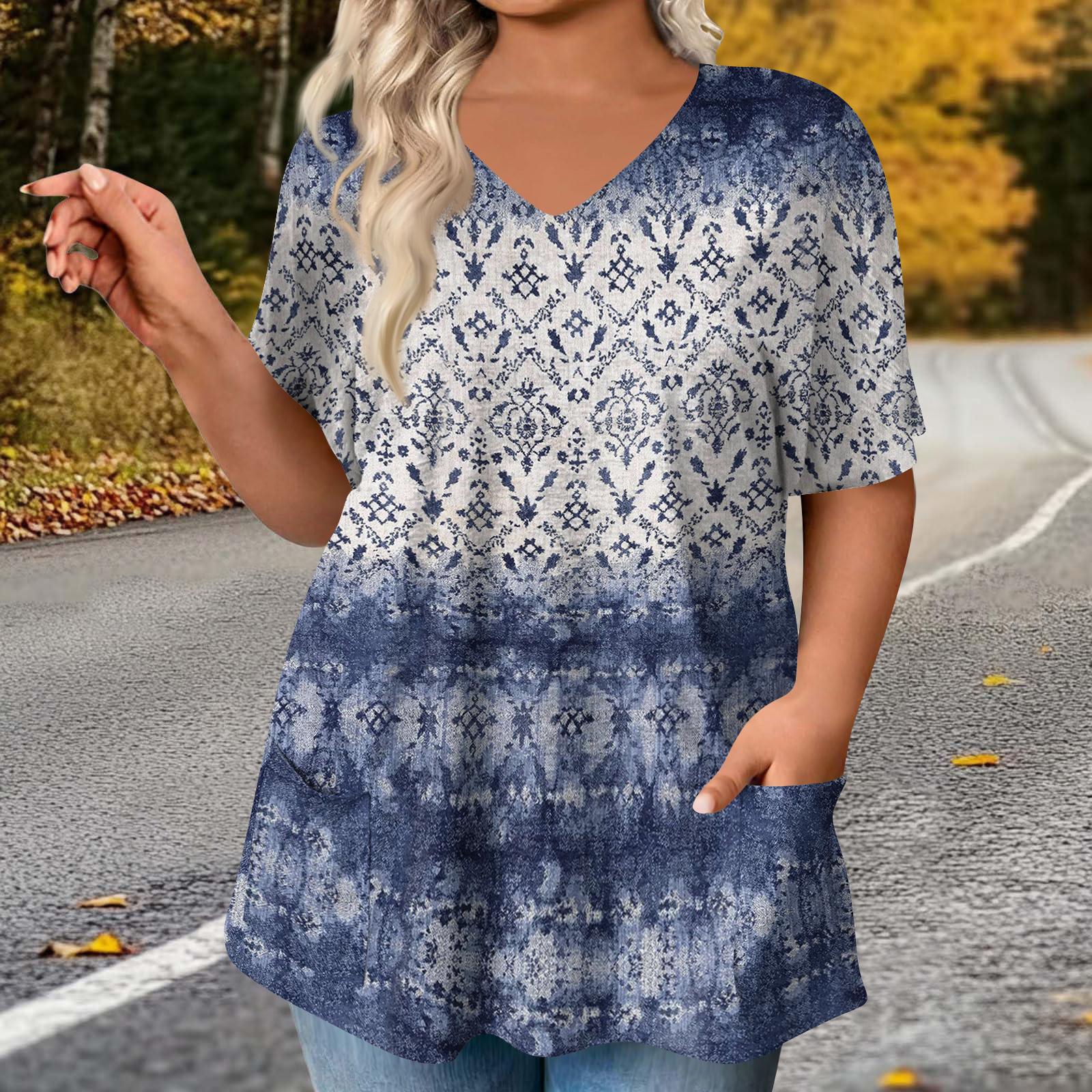 

Women’s Short Sleeve V Neck Floral Print Tunic Top Loose Fit Casual Blouse with Pockets Soft Lightweight Fabric for Everyday Wear XXXL синий