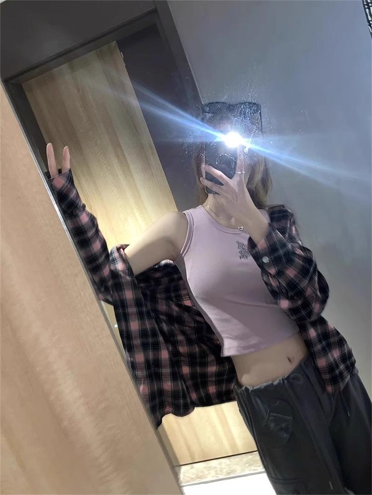 2024 Black & Pink Plaid Women's Shirt - Spring/Autumn Sunscreen Jacket, Korean-Style Niche Design