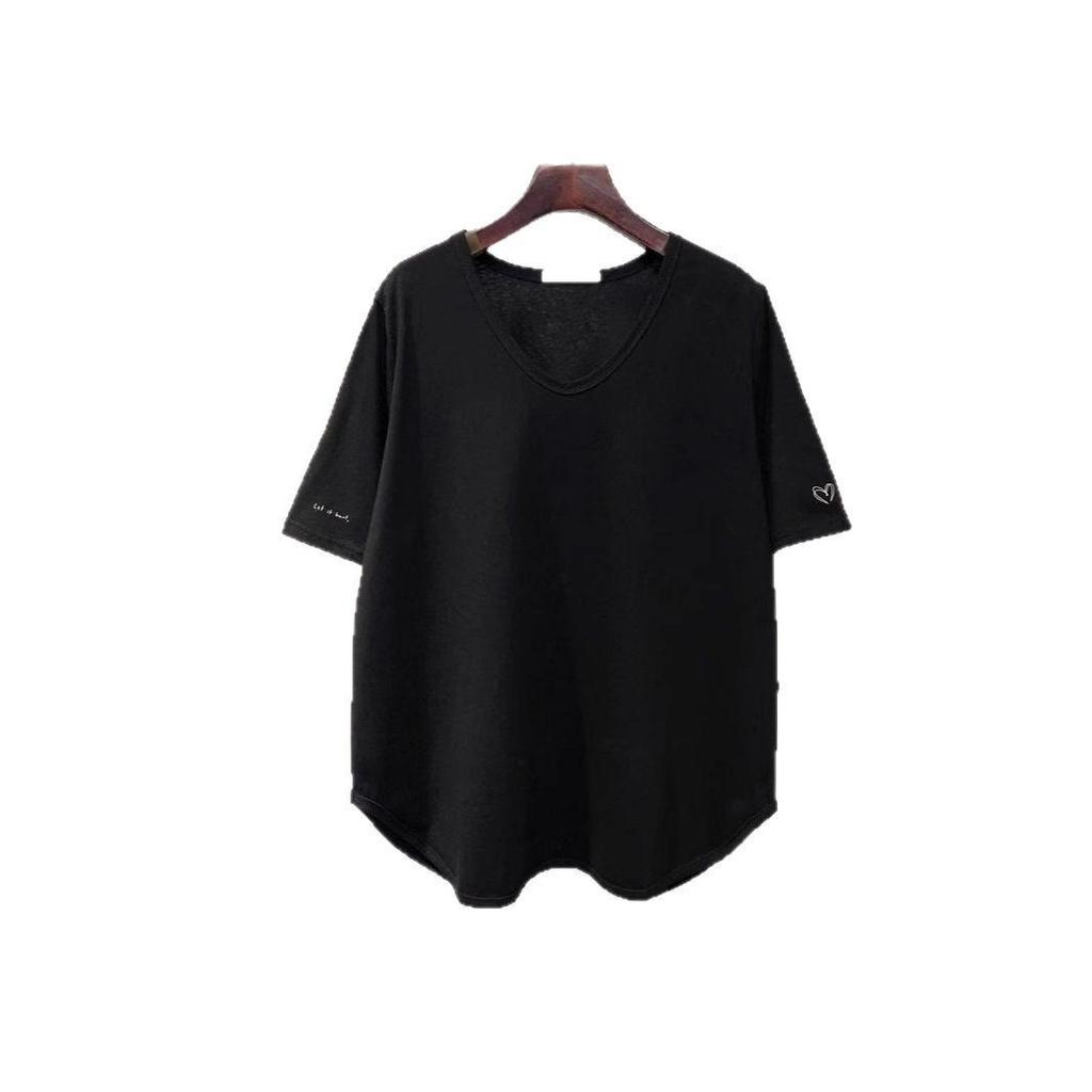 Plus Size Summer 2025 V-Neck Heart Short Sleeve Women's Loose Slimming T-Shirt