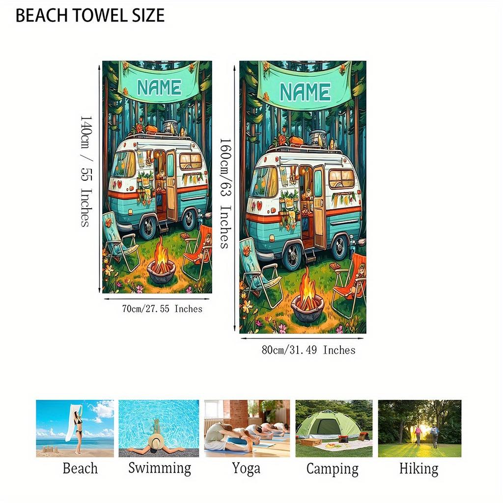 Custom Camper Van Beach Towel Personalized Name Print Soft Quick-Dry Large Bath Towel For Camping Lovers Travel