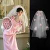 Pink Flower Wedding Veils White Bride Head Gauze New Bridal Veil  Wedding Accessories