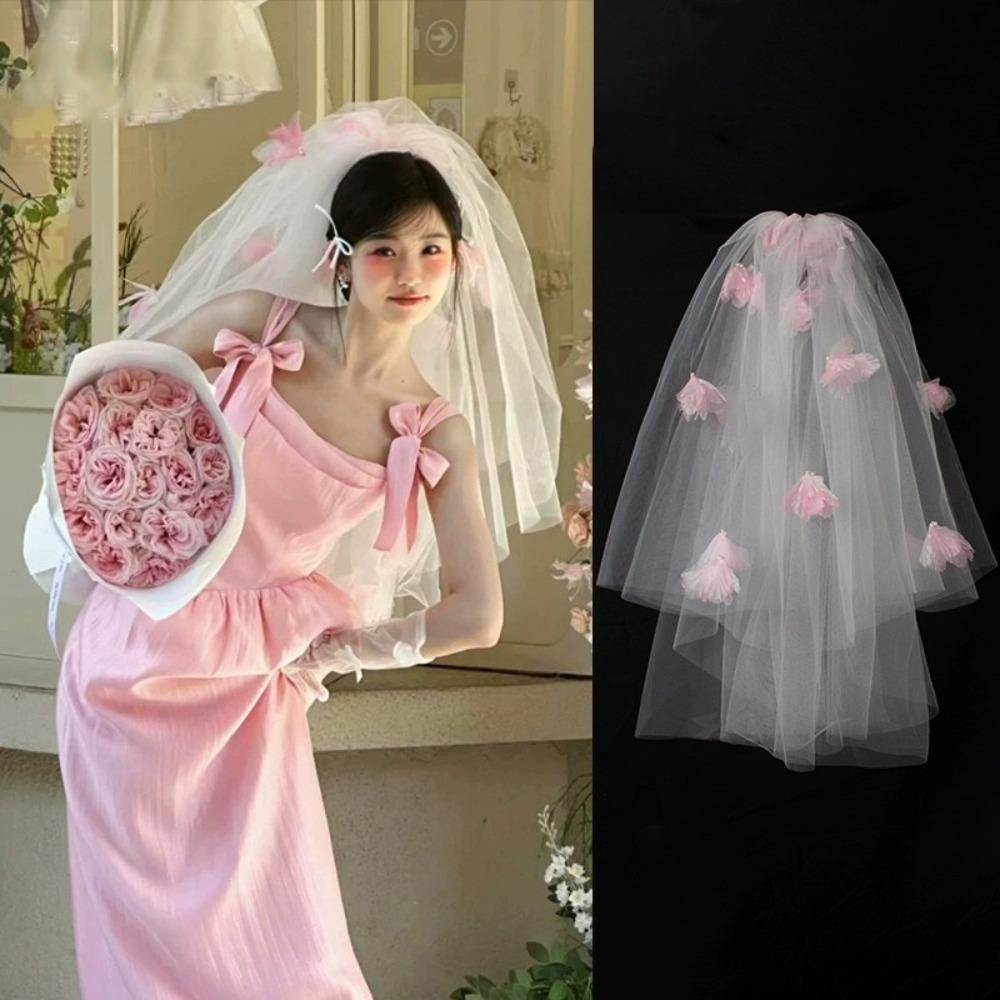Soft Wedding Veils Pink Flower Bride Head Gauze Elegant Bridal Veil  Wedding Accessories