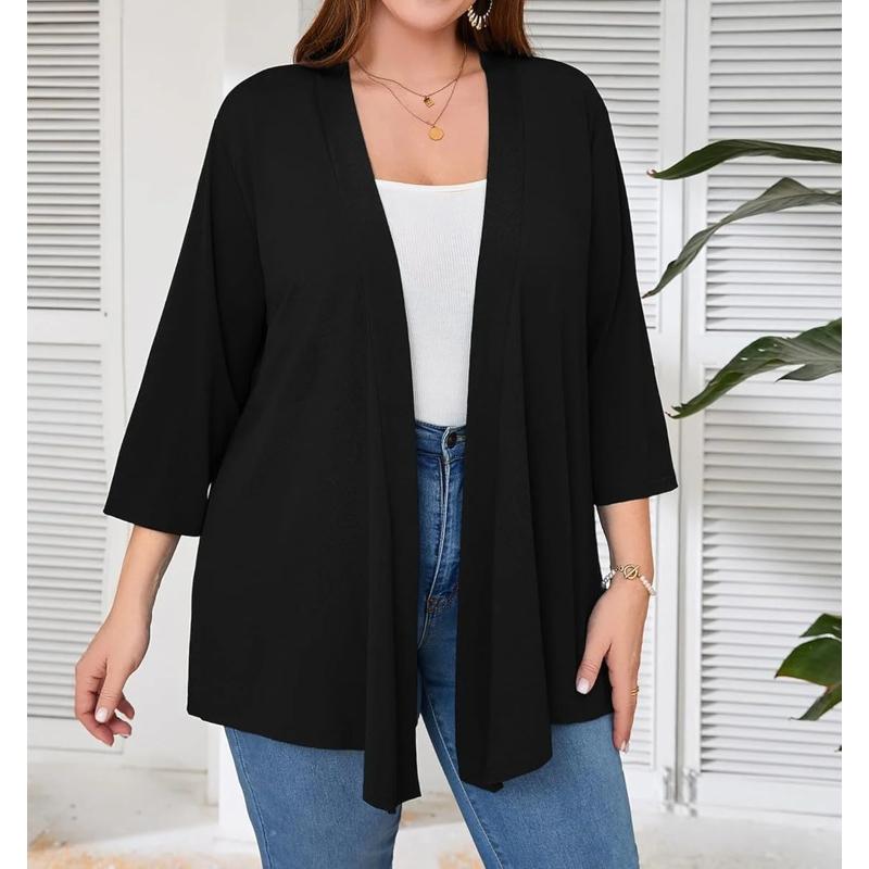 Cardigan Femme Grande Taille Manches 3/4 Léger et Fin Ouverture Devant Style Châle Tricoté Haut Décontracté Doux et Fluide
