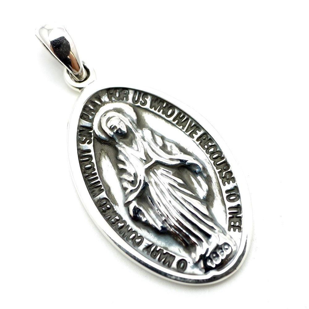 [Silver One] Hi Sterling Silver 925 Miraculous Medal of the Virgin Mary, Antique Oxidized Finish Pendant Top for Men (charm)