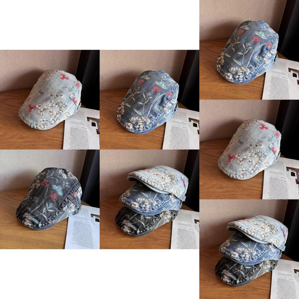 Ethnic Style Denim Cotton Cap With Floral Print For Streetwear And Sun Protection