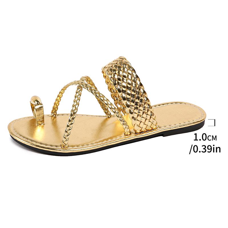 Fashion Ring Toe Gold Flat Sandals for Women Roman Style Braided Strap Summer Slippers Woman Comfortable Non Slip Outdoor Beach Slides