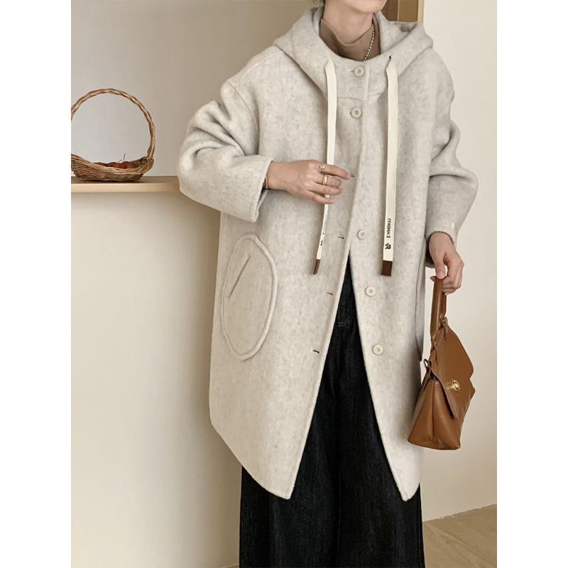 

Корейское свободное повседневное пальто в форме кокона с капюшоном из двух сторон, однобортное пальто средней длины для женщин на осень и зиму S