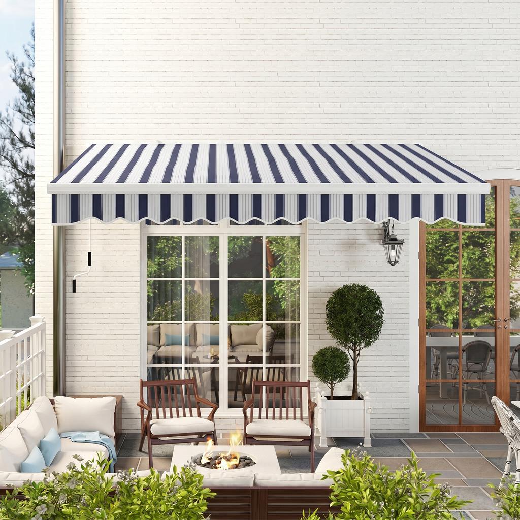 Manual Retractable Awning, 395 x 245 cm, Adjustable Angle, Anti-UV, Waterproof, Blue and White