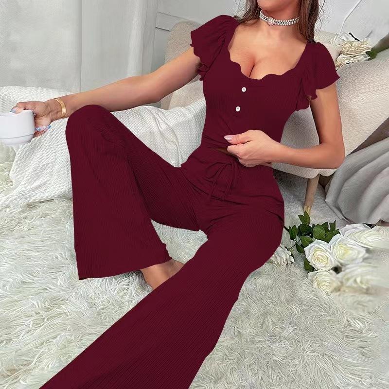 Dámské domácí oblečení, volný pyžamový set s volánkovým topem s krátkým rukávem a dlouhými kalhotami
