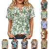 Damen Kurzarm Hemd aus Leinen-Baumwollmischung Henley Knopfleiste Brusttasche Blumendruck Lässiges Sommer Top