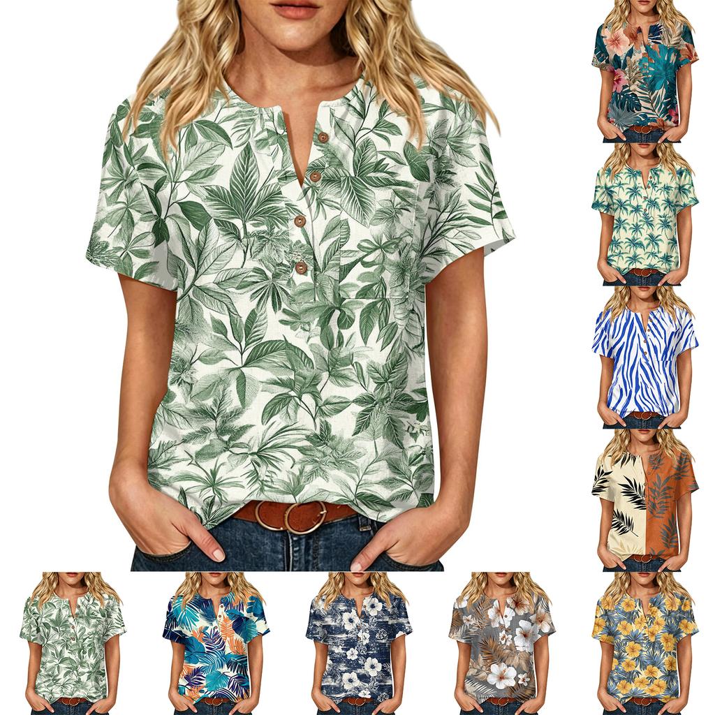 Damen Kurzarm Hemd aus Leinen-Baumwollmischung Henley Knopfleiste Brusttasche Blumendruck Lässiges Sommer Top