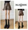 Korean PU Leather High-Waisted Wide-Leg A-Line Bootcut Shorts - Women's Versatile Autumn/Winter Casual Outerwear.