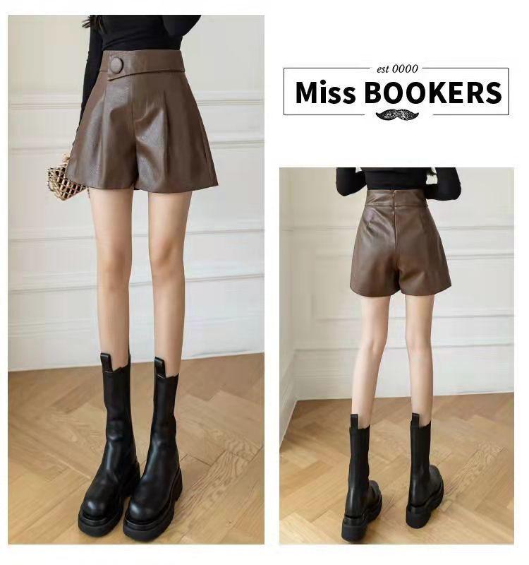 Korean PU Leather High-Waisted Wide-Leg A-Line Bootcut Shorts - Women's Versatile Autumn/Winter Casual Outerwear.