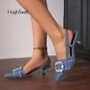 Fashion Luxury Crystal Square Buckle Slingback Sandals Woman Fashion Point Toe Kitten Heel Denim Pump Ladies Bling Rhinestone Party Shoe