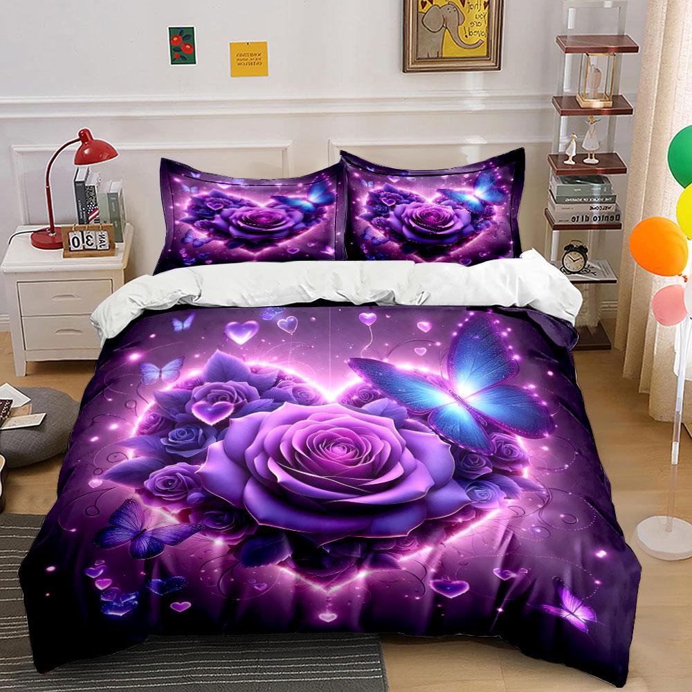 Dreamy Purple Roses And Butterfly Hearts Bedding Set For Kids Luxury Gift 3Pcs Digital Print Comforter Set Soft Comfortable