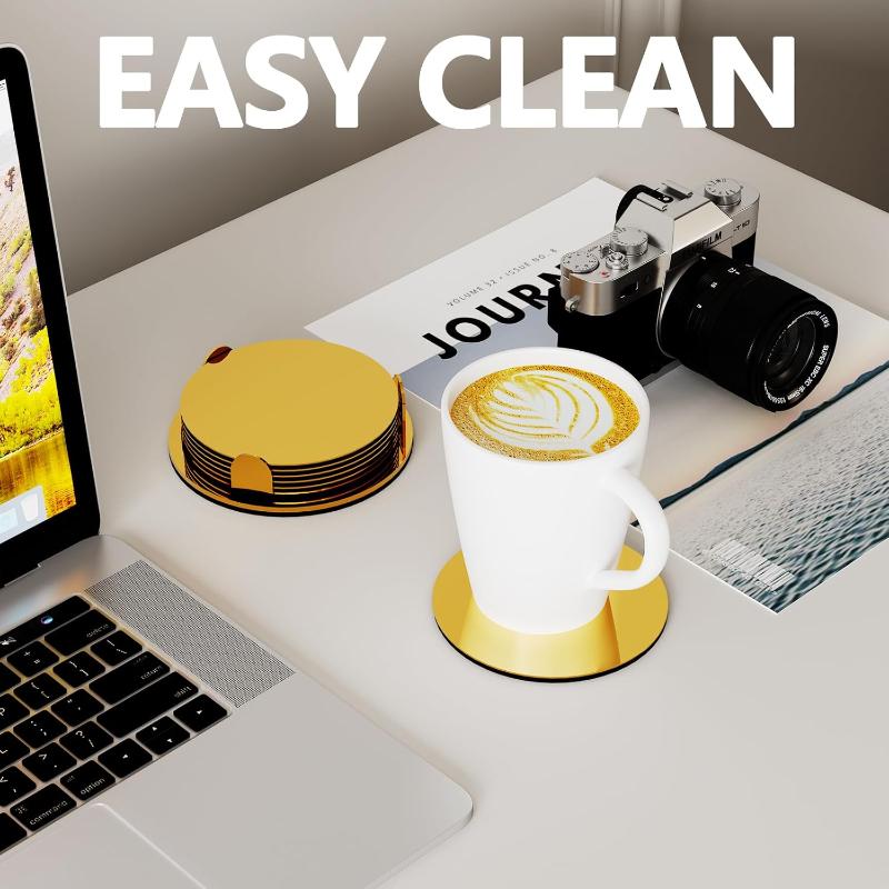 6PCS Stainless Steel Heat-resistant Coaster Set with Storage Tray Anti Slip and Anti Scald Coaster Mirror Reflective Design