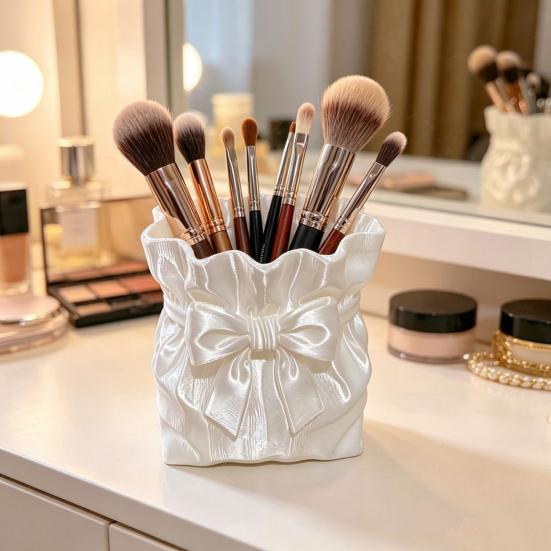 Dressing Table Brush Holder Satin Bow Bag Makeup Holder, 3D Printed Beauty Tool Organizer Cosmetic for Desk, Large Bowknot Pouch Pencil Storage