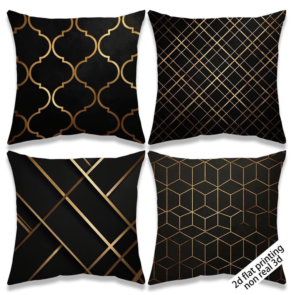 Ensemble de 4 taies d'oreiller décoratives géométriques noir et or, style moderne avec fermeture éclair, idéal pour la décoration du salon