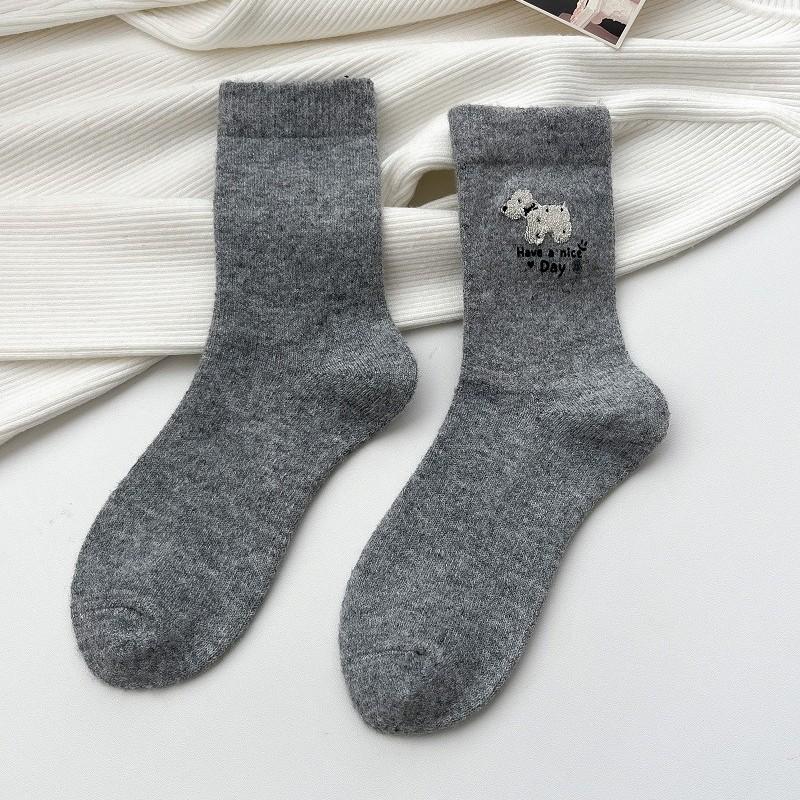 Female Cartoon Puppy Socks with Bow, Grey Mid-calf Socks, Versatile for Winter, Thick Woolen Warm Stockings