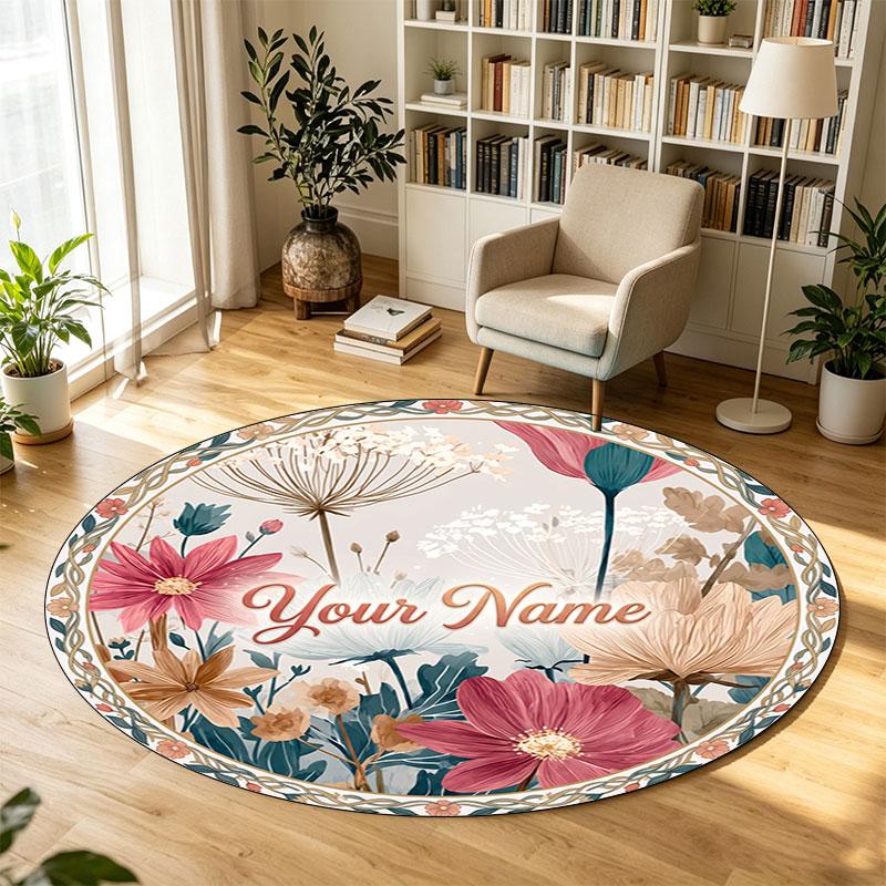 Floral Flowers (742) Theme Circular Crystal Velvet Carpet Customized Name & Text Round Soft Floor Rug For Living Room Bedroom Decor