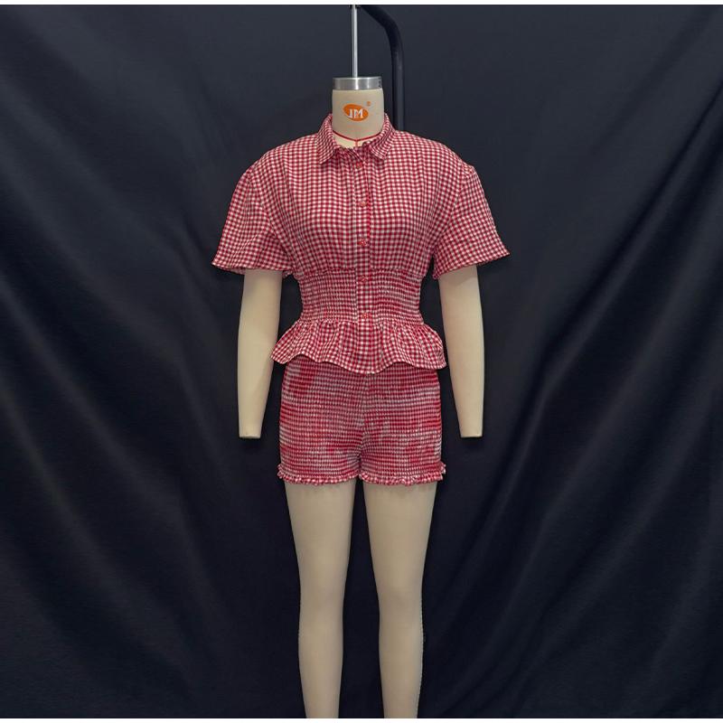 Completo Camicia a Maniche Corte a Quadri con Vita Stretta e Maniche a Bolla Pantaloncini Slim Fit con Decorazione in Pizzo Nuovo Outfit Estivo da Donna