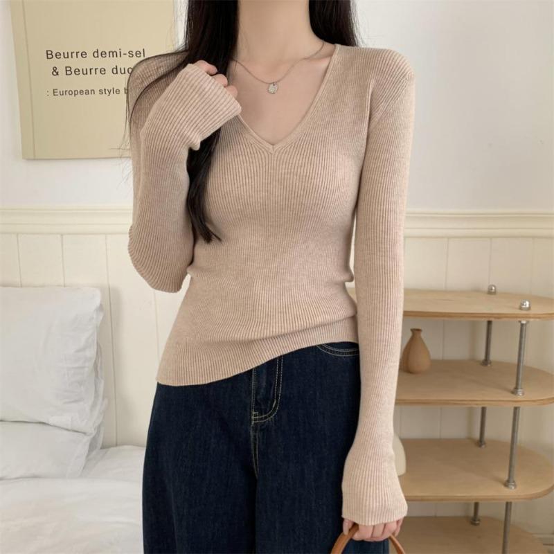 Autumn Winter V-neck Solid Color Knitting Pullover Top Women Casual Fashion Elastic All-match Slim Sweater