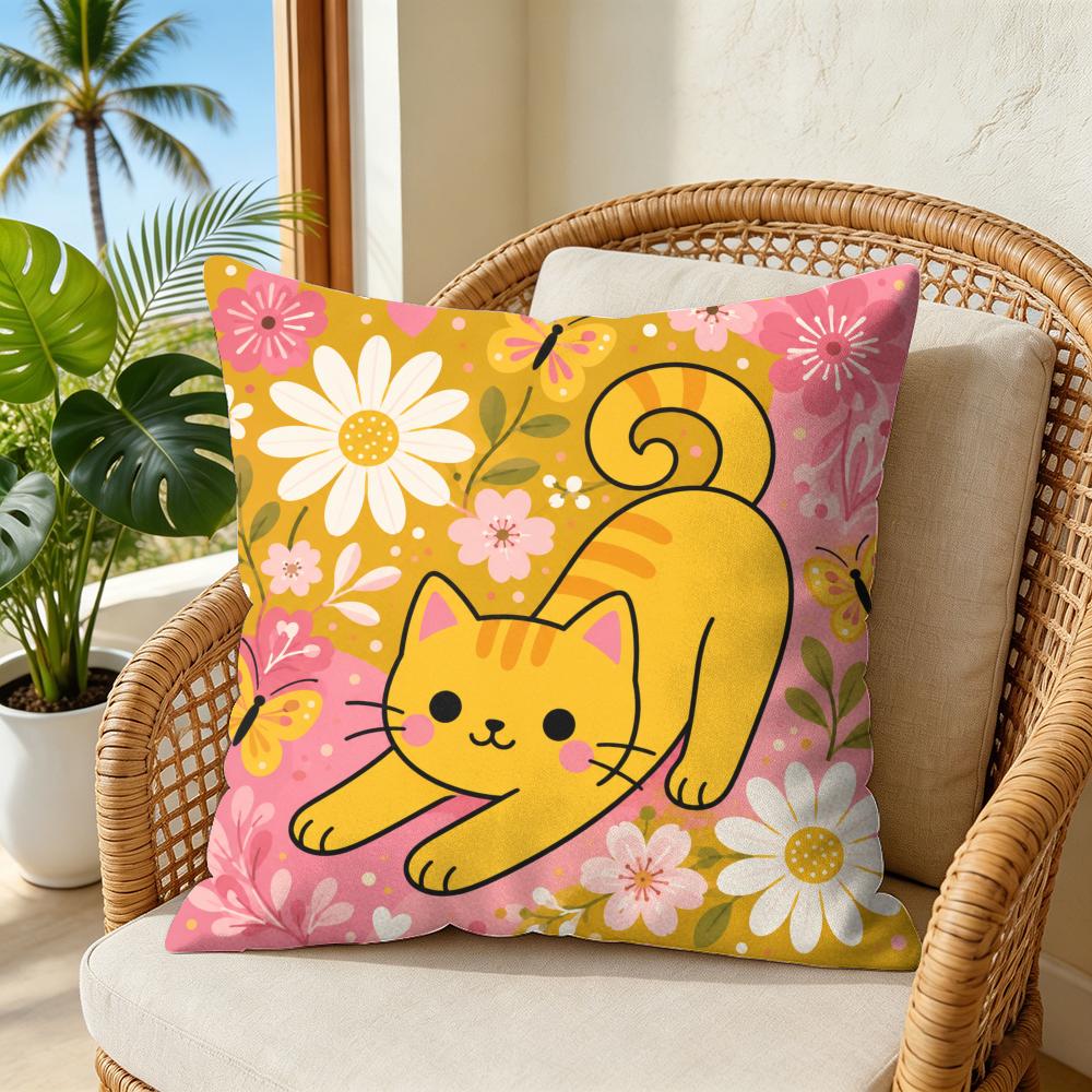 Cute Cartoon Cat Print Cushion Cover Double-Sided Plush Sofa Cushion Covers Organic Breathable Invisible Zipper