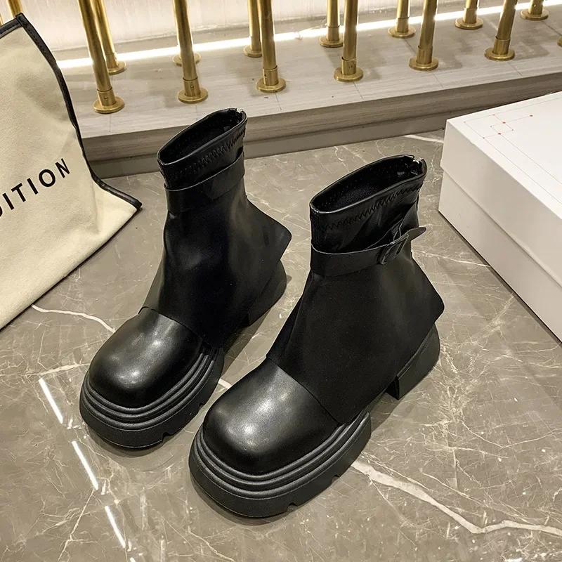 

Модная пряжка ремня Панк ботинки Женские Новые Модные Задние молнии Ботильоны Женские Толстая подошва На платформе Ботильоны 2024 38