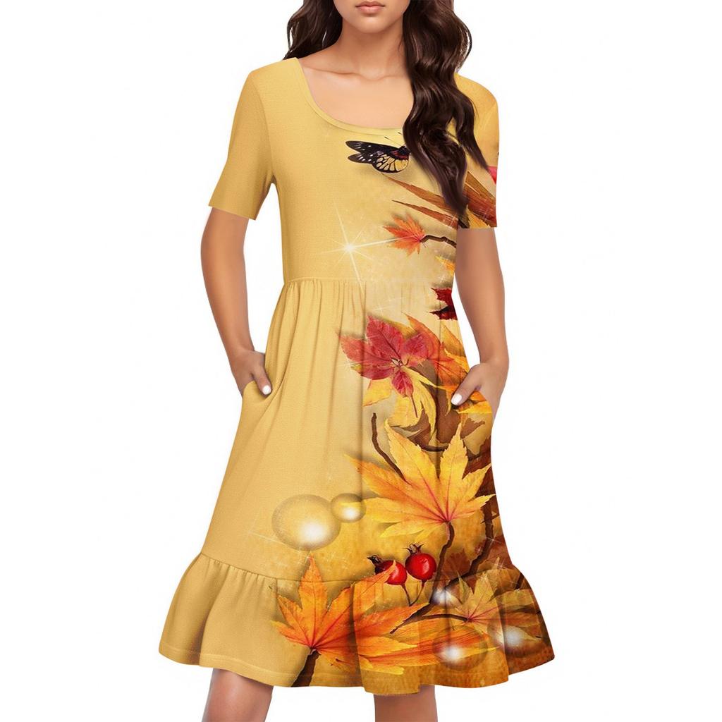 Women's Casual Round Neck Short Sleeved Dress Loose Waist Pleated Dress Waist Pleated Dress