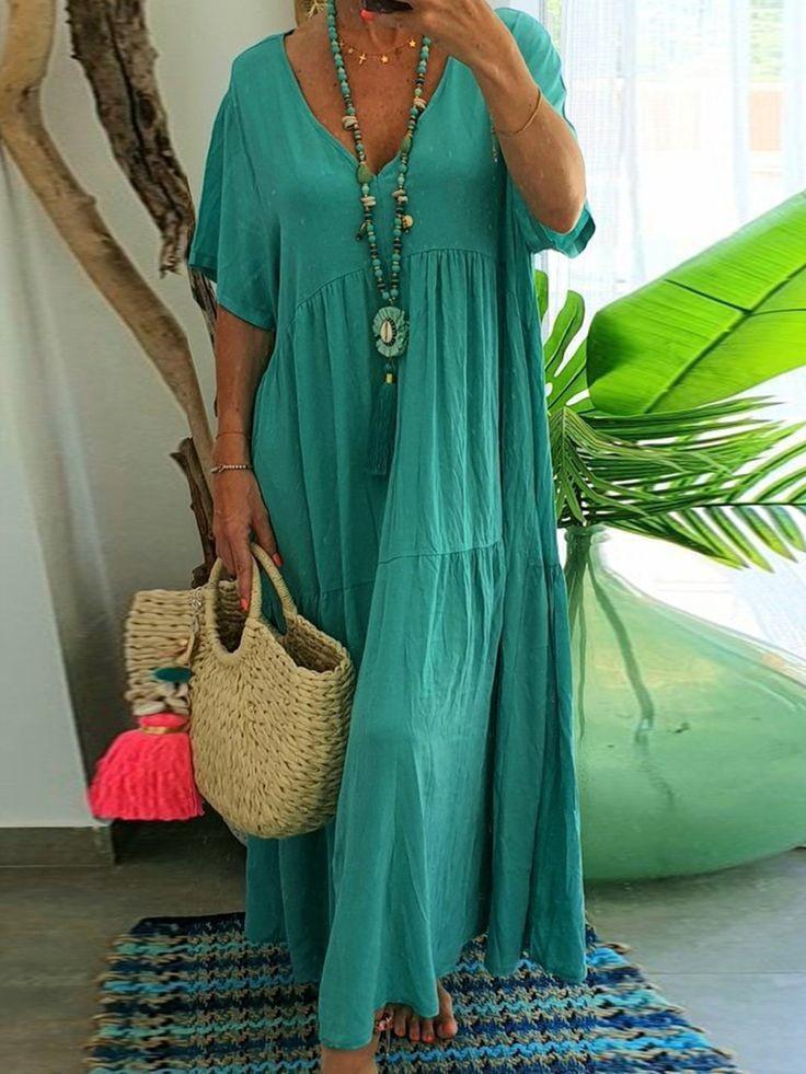 European and American summer new women's clothing solid color loose V-neck short-sleeved big swing dress
