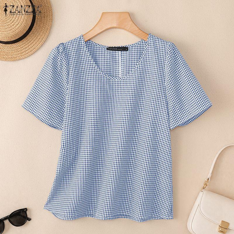 ZANZEA Blusa da Donna Casual Girocollo Stampa a Quadri Manica Corta Larga