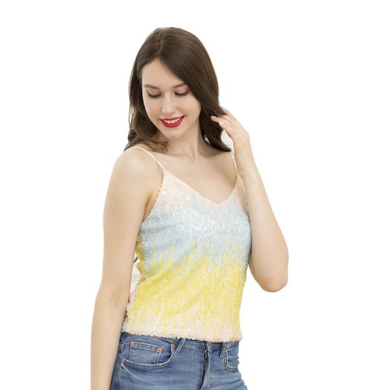 Women's Sexy Busting Colourful Sequins Embroidery Camisole Small Vest Slim V-neck Bottoming Shirt