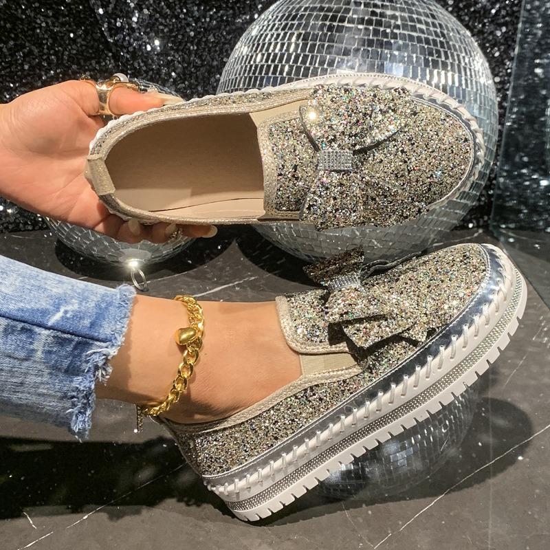 Large size muffin platform single shoes women's new flat bottom round head bow sequins one pedal lazy shoes